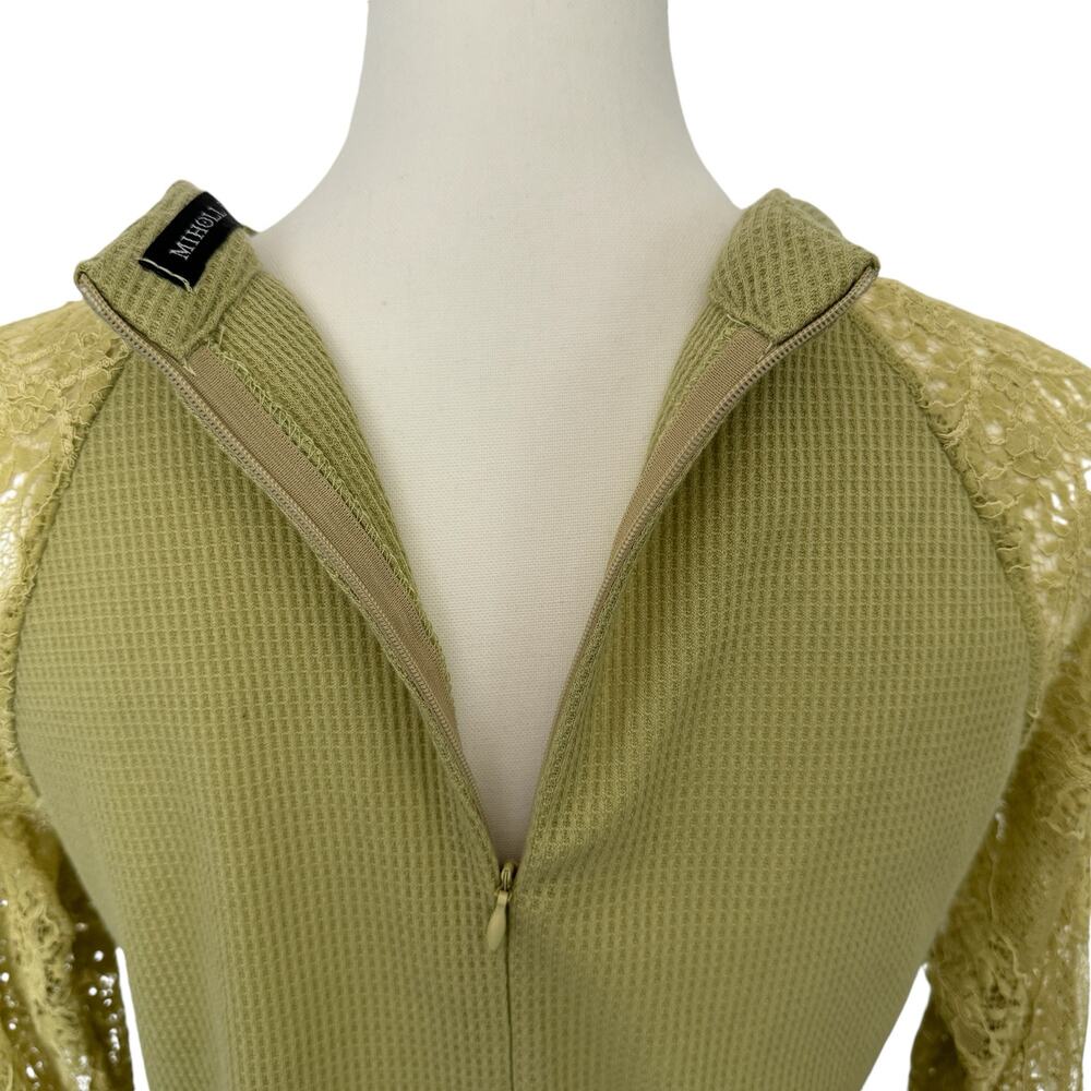 MIHOLL Olive Green Waffle Knit Top with Sheer Floral Lace Long Sleeve Size Small - Picture 7 of 11